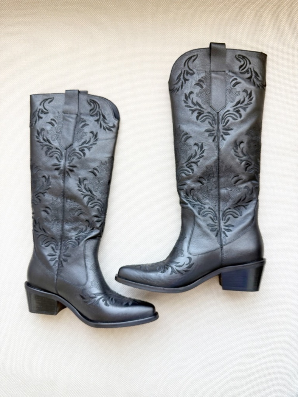 Anthropologie Stivali Black Leather Jolene Western Embroidered Tall Cowboy Boots